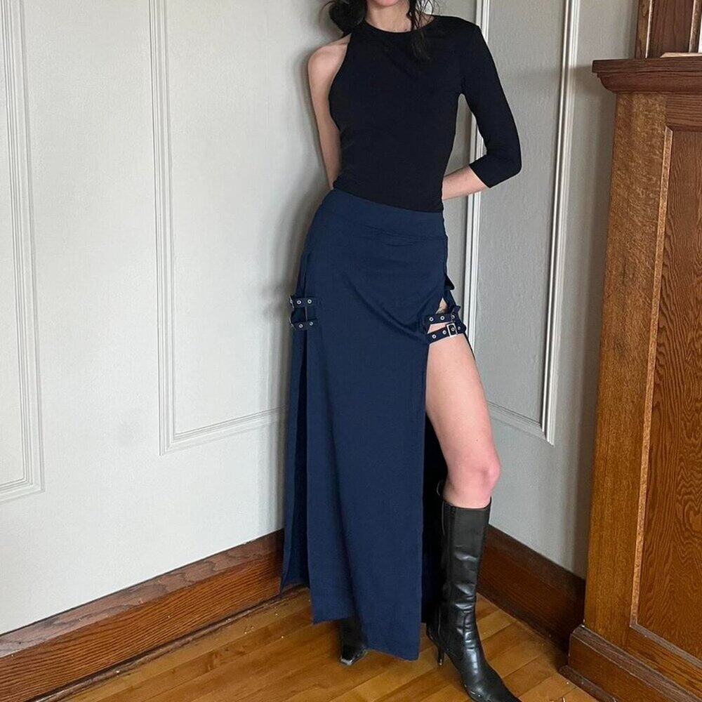 ✨ Halara High Waisted Decorative Buckle Split 2-in-1 Maxi Casual Skirt XL NAvy✨